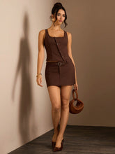 Glamine 2pcs Women Solid Color Button Front Sleeveless Blouse & A-Line Skirt Set
